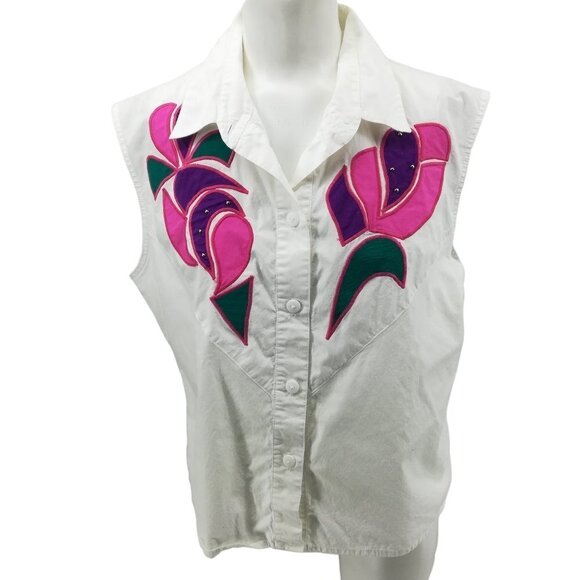 Vintage Tipicano Sleeveless Applique Studs Button Up Collar Shirt Size XL White - Picture 1 of 12